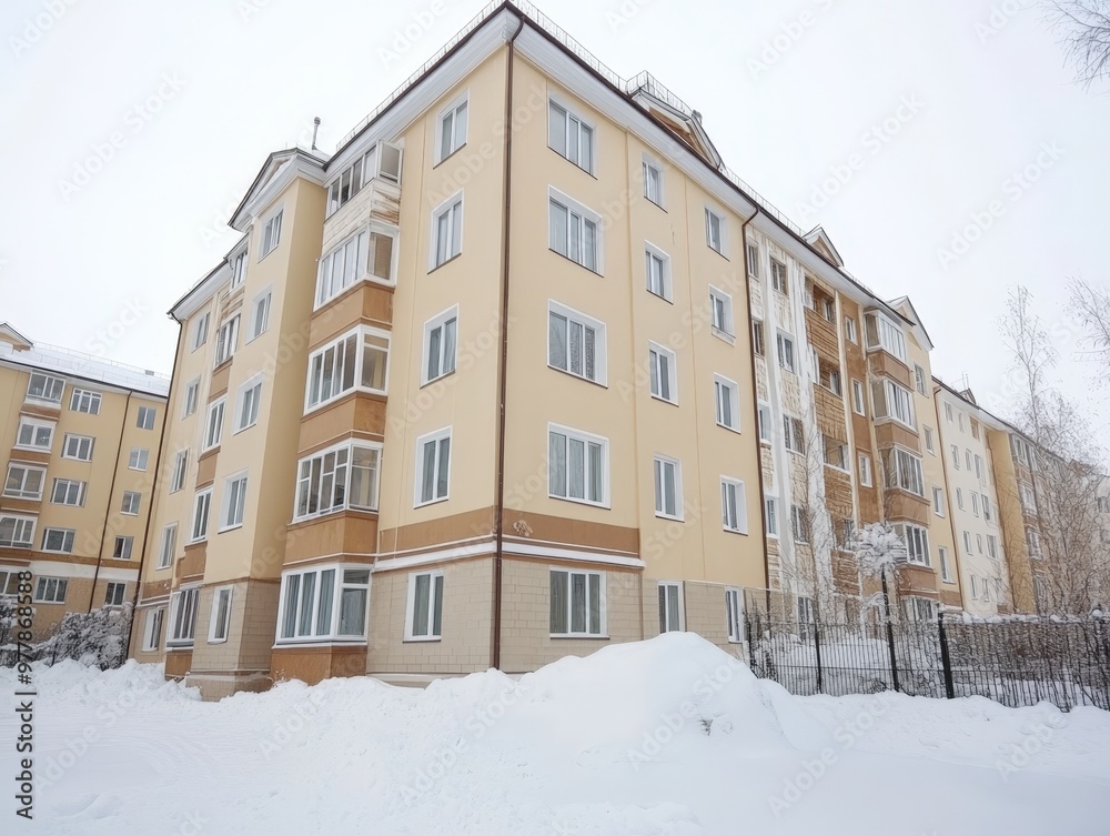 Fototapeta premium Snow covered residential building in winter landscape quiet neighborhood