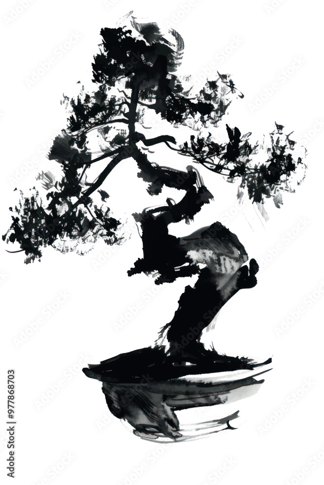 Ink-painted bonsai tree art