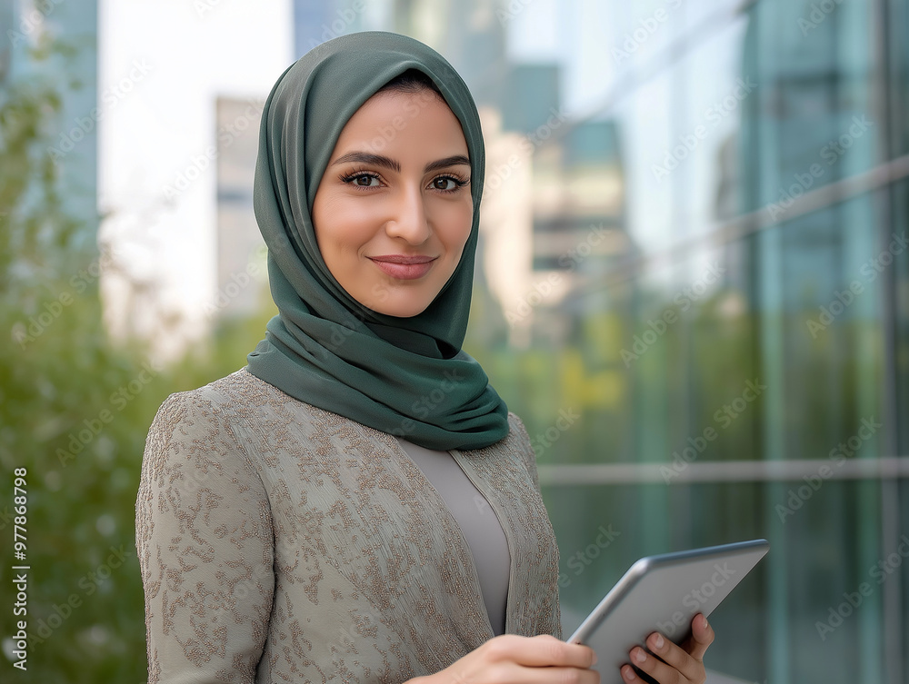 An arabic woman with hijab using a tablet pc in outdoors An arabic woman with hijab using a tablet pc in outdoors