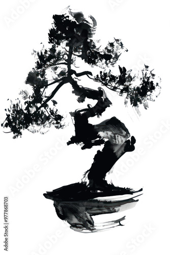Ink-painted bonsai tree art