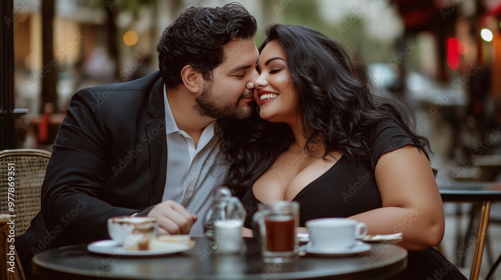 Smiling couple sitting at an outdoor cafe, sharing an intimate moment while enjoying coffee, romantic and joyful atmosphere in a city setting Smiling couple sitting at an outdoor cafe, sharing an intimate moment while enjoying coffee, romantic and joyful atmosphere in a city setting