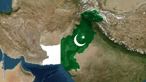 Zoom from Earth to Pakistan. (Country Flag) High quality world map animation with country borders highlighted. Images from NASA