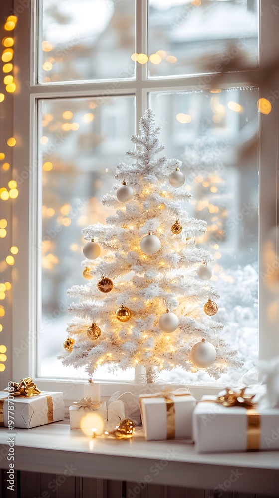 White Christmas tree with golden lights and gift boxes on a white table against a blurred window background White Christmas tree with golden lights and gift boxes on a white table against a blurred window background