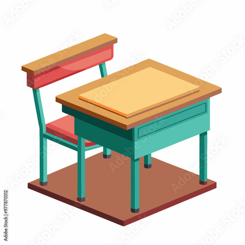 Wooden school desk with books, school supplies waiting for children