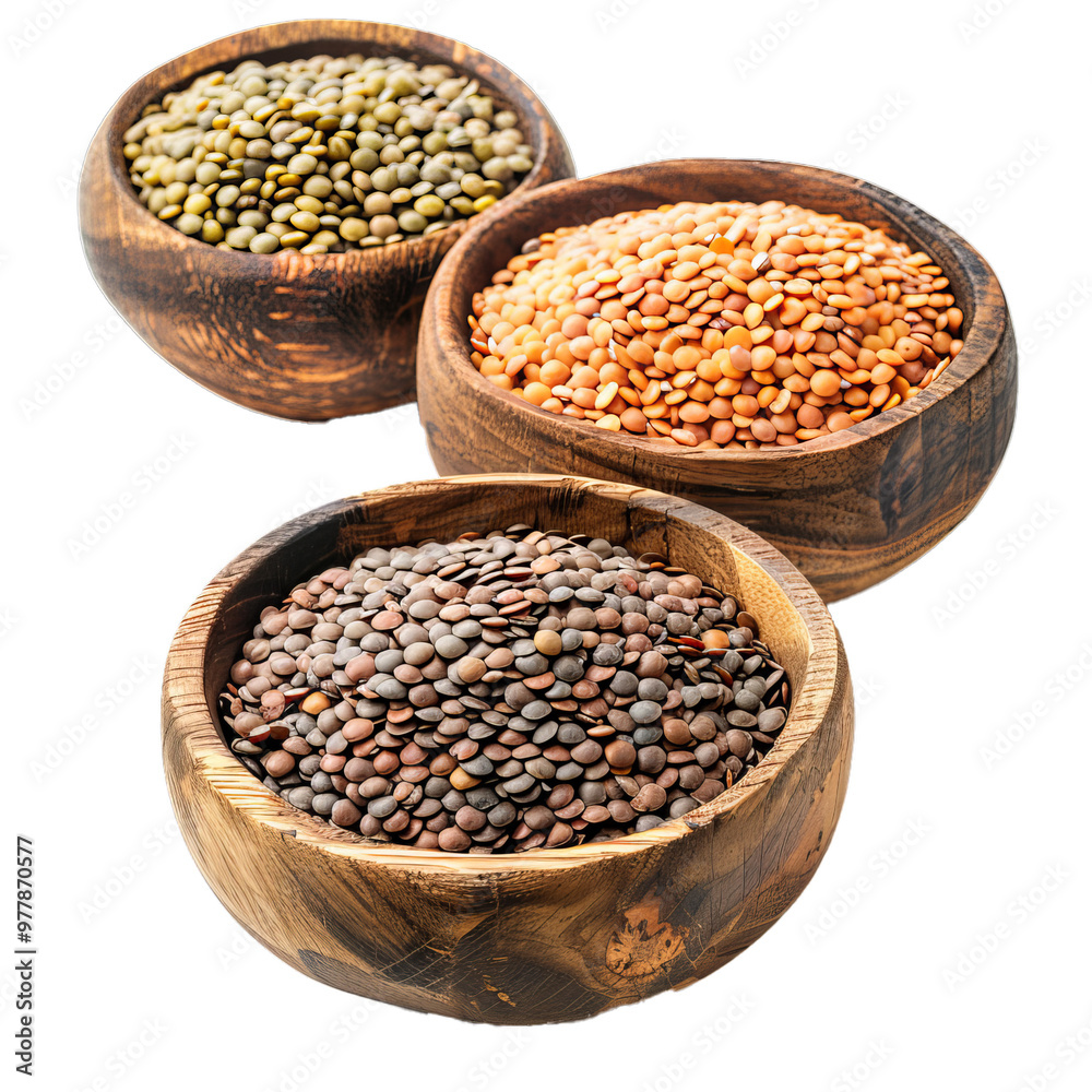 Obraz premium Brown, green and red lentils are filling wooden bowls, isolated on a white background