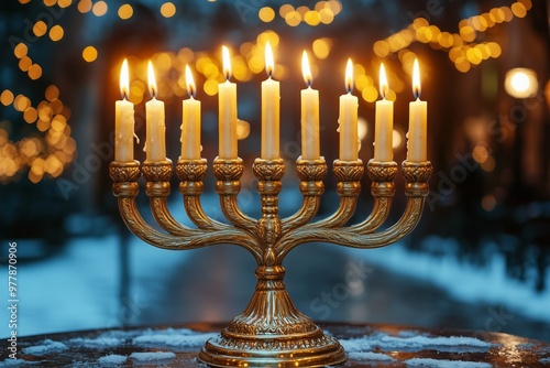  A beautifully lit menorah stands on a windowsill during a rainy evening, symbolizing the celebration of Hanukkah.  photo