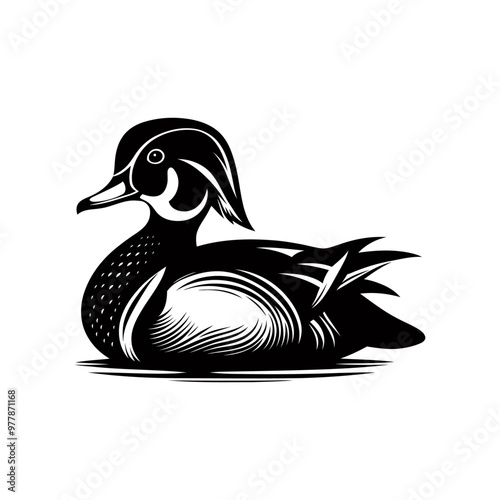 wood duck silhouette with feathers, black and white illustration for wildlife and nature designs with water details