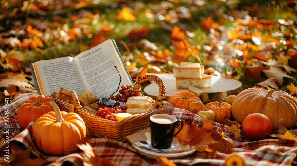 an autumn picnic setup with pumpkins, a book, and steaming coffee an autumn picnic setup with pumpkins, a book, and steaming coffee
