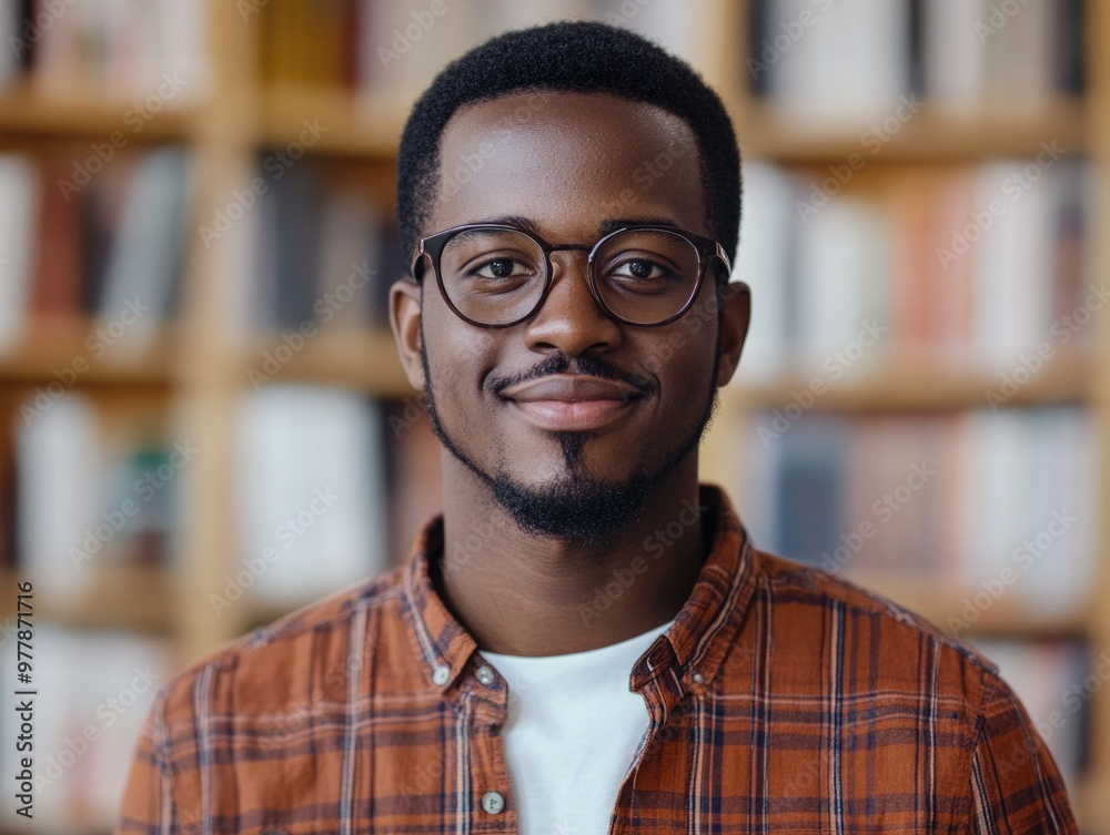 African-American Man in Library, Smiling African-American Man in Library, Smiling