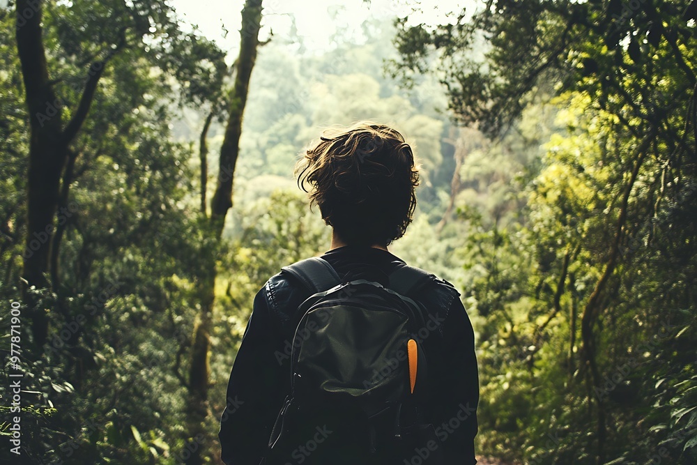 Backpacker in the forest looking at the nature. Hiking, adventure, and exploring the wilderness. Backpacker in the forest looking at the nature. Hiking, adventure, and exploring the wilderness.