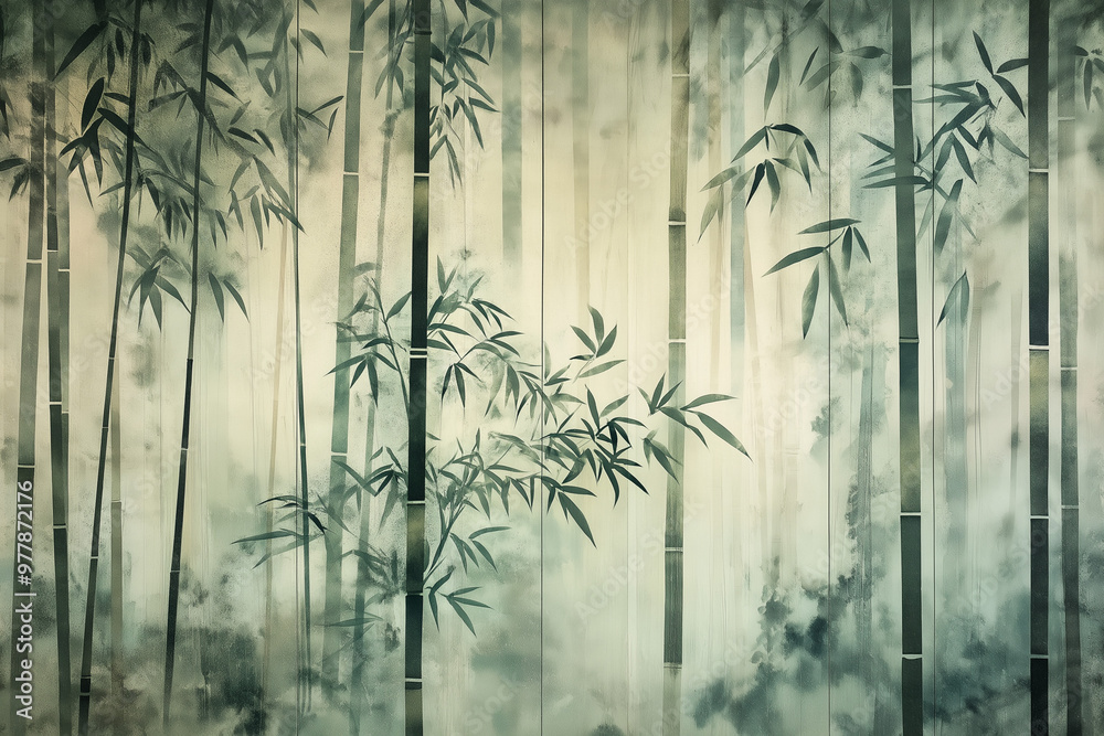 Calm bamboo grove in fog, soft diffused light, harmony between elements, green and earthy tones