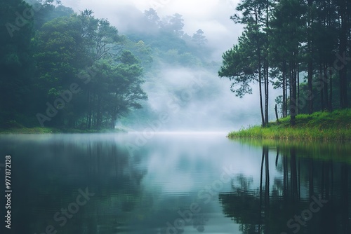 Misty Morning Lake in a Forest, Tranquil Nature Scene