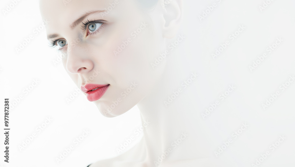 High-key beauty portrait of woman with soft red lips and pale skin, ethereal and minimalist style