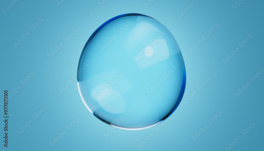 Obraz premium Abstract water bubble on blue background. Blue distorted droplet floating, Purity concept. 3d render illustration