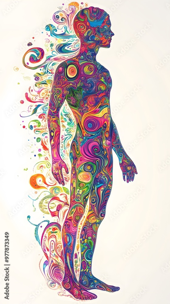 Obraz premium Psychedelic human figure with swirling colorful patterns