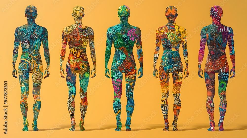 Naklejka premium Multicolored human silhouettes adorned with complex patterns on a warm backdrop