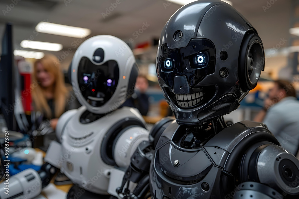 Happy Humanoid Robot And Humanoid Robot Discussing In Office, robot, interview, ai, artificial, law, intelligence, code, job, tech, machine, employment, technology, future, two, 4, 0, people Happy Humanoid Robot And Humanoid Robot Discussing In Office, robot, interview, ai, artificial, law, intelligence, code, job, tech, machine, employment, technology, future, two, 4, 0, people