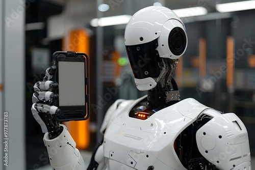 Close-up Of A Humanoid Robot's Hand Holding Cell Phone With Blank Screen.