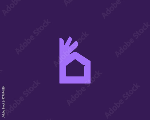 Hand and house vector logo. Ok sign. Home real estate building logotype.