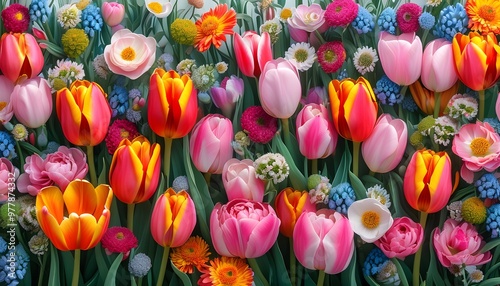 Vibrant spring floral tapestry featuring an array of colorful tulip blooms photo