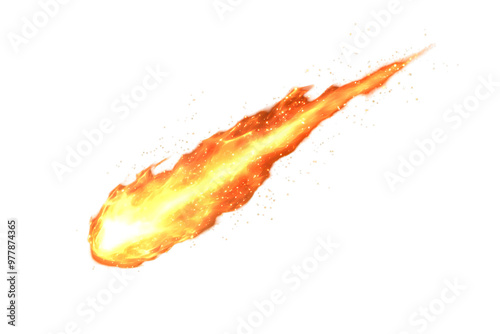 Burning meteor flying with fire trail on transparent background 