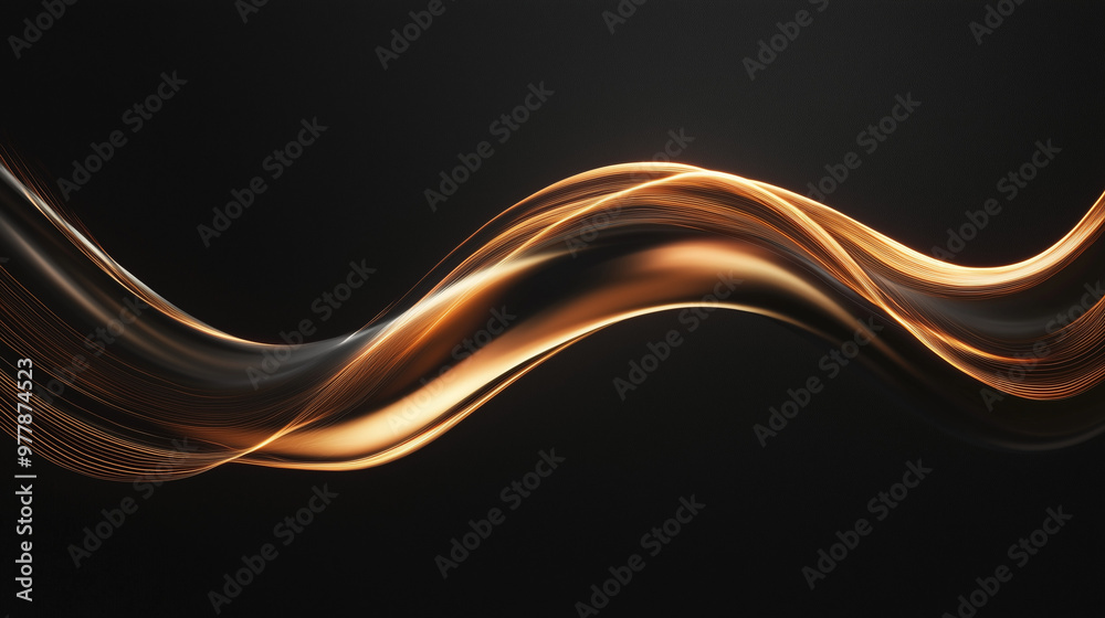 Obraz premium Golden light wave flowing on dark background, elegant abstract motion