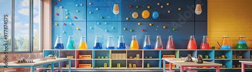 Charming 3D cartoon classroom decor featuring STEMthemed wall decals and interactive science experiments display, promoting handson learning and innovation photo