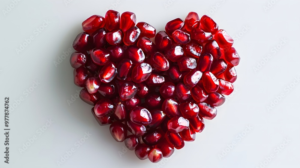 Pomegranate seeds arranged in heart shape on white background, fresh fruit photography symbolizing health and love, top view, minimal design, perfect for health, wellness, or food promotions, copyspac Pomegranate seeds arranged in heart shape on white background, fresh fruit photography symbolizing health and love, top view, minimal design, perfect for health, wellness, or food promotions, copyspac