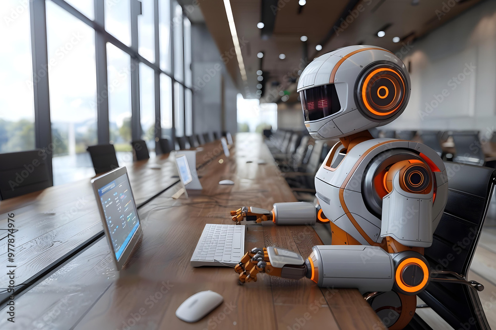 Fototapeta premium Humanoid Robot Sitting In A Conference Room Looking At Computer Screen