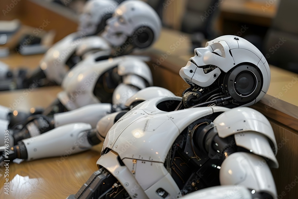Fototapeta premium Bored humanoid robot judges or corporate interviewers lounging around on a table napping as they wait for something to happen.