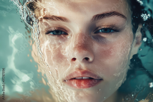 A tranquil portrait captures the serene face of a woman submerged partly underwater, evoking a sense of peace, introspection, and the artistic beauty of nature's element.