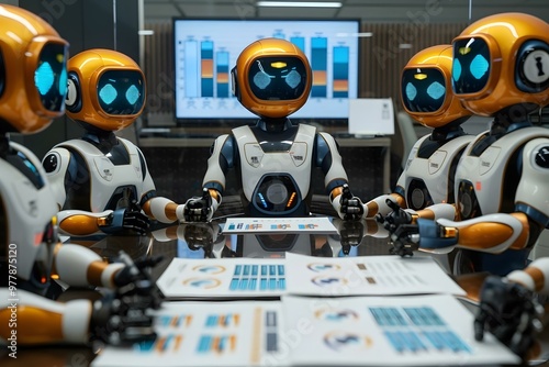 Group of diverse humanoid robots holding a meeting around a table discussing graphs showing statistical analysis, robot, meeting, ai, artificial, business, intelligence, code, conference