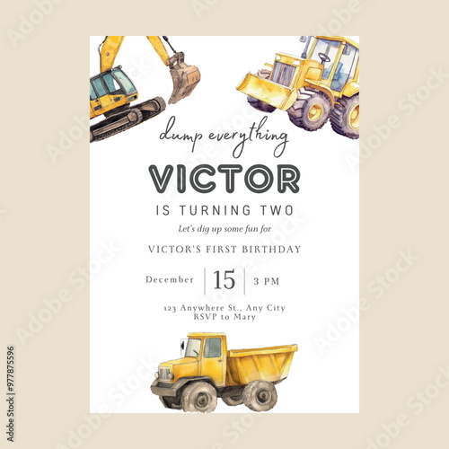 Tractor Construction Truck Party Invitation