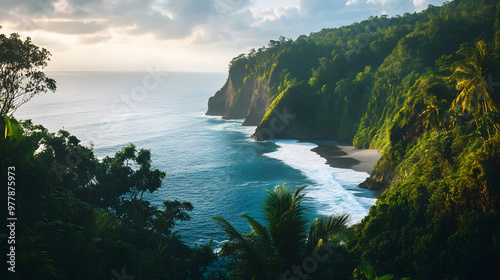 A dramatic tropical island landscape with towering cliffs rising from the sea dense jungle cascading down the slopes and the ocean sparkling in the sun.