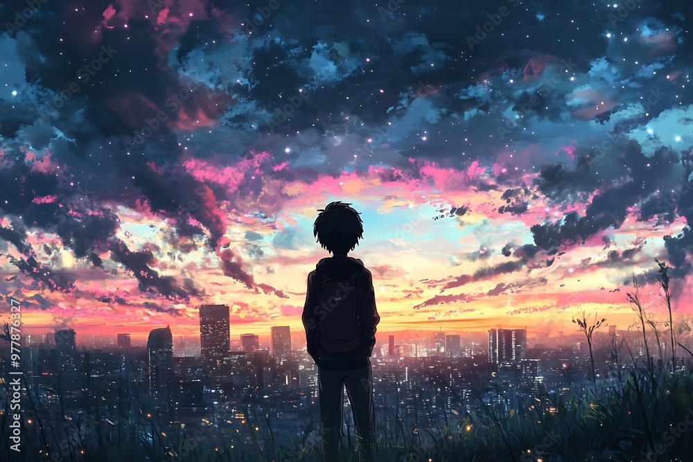 Silhouette of a person standing in front of a beautiful sunset sky with stars over city skyline Silhouette of a person standing in front of a beautiful sunset sky with stars over city skyline