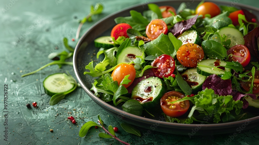 Fresh garden salad with mixed greens, cherry tomatoes, and cucumbers, healthy vegetarian dish, top view, vibrant food photography for menus, banners, or healthy eating concepts, copyspace
Fresh garden salad with mixed greens, cherry tomatoes, and cucumbers, healthy vegetarian dish, top view, vibrant food photography for menus, banners, or healthy eating concepts, copyspace