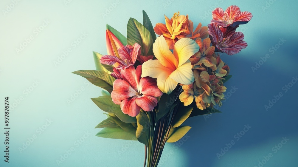 A Bouquet of Colorful Flowers with Green Leaves Against a Blue Background A Bouquet of Colorful Flowers with Green Leaves Against a Blue Background