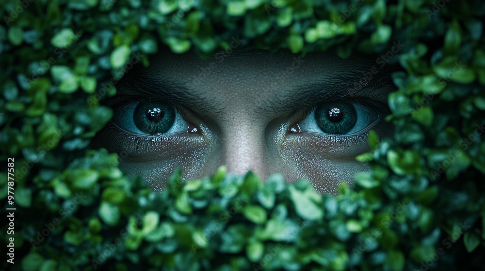 A woman's face is partially hidden by a bush A woman's face is partially hidden by a bush