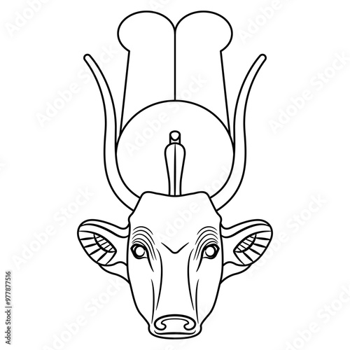 Head of sacred cow. Ancient Egyptian mythology. Goddess Hathor or Hesat. Black and white linear silhouette.