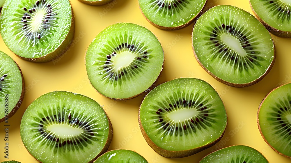 Fototapeta premium Kiwi slices on bright yellow background, vibrant and fresh fruit pattern, top view, healthy food concept 