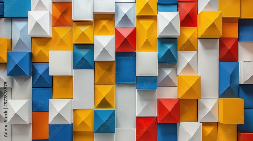 Creative and abstract geometric pattern with colorful squares, triangles, with a rainbow of bright colors for desktop background or decor. Creative and abstract geometric pattern with colorful squares, triangles, with a rainbow of bright colors for desktop background or decor.