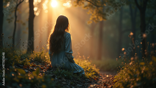 Whispers of dawn, a lone figure sits in serene solitude, bathed in the ethereal morning light filtering through a tranquil forest, the soft glow of the sun highlights her flowing gown
