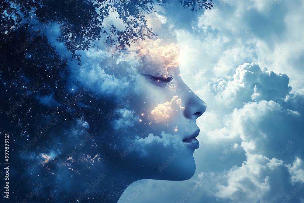 Dreamy surreal woman with clouds and sky double exposure. Abstract art concept of spirituality, subconscious, and fantasy. Dreamy surreal woman with clouds and sky double exposure. Abstract art concept of spirituality, subconscious, and fantasy.