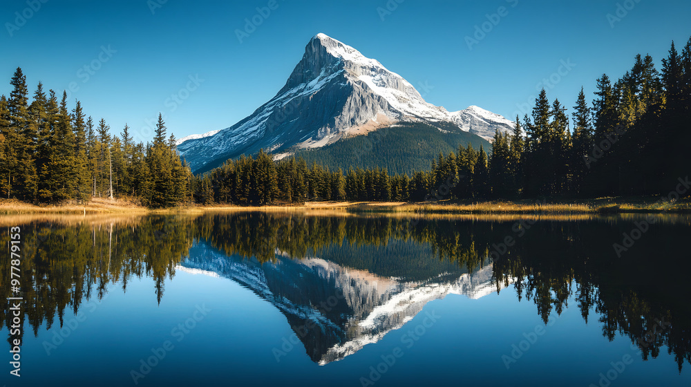 A jagged mountain peak reflecting in a shallow mountain lake surrounded by pine trees under a cloudless sky. A jagged mountain peak reflecting in a shallow mountain lake surrounded by pine trees under a cloudless sky.