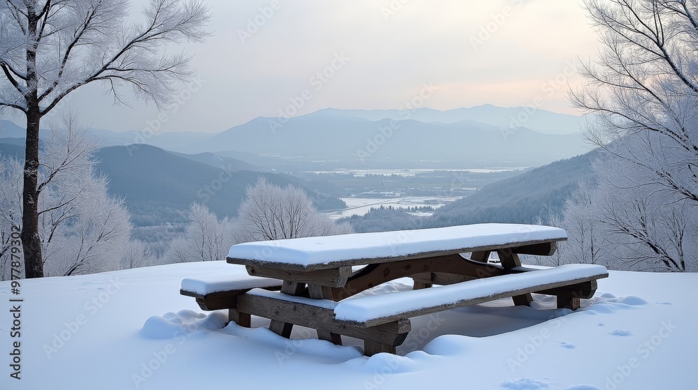 A snow-covered picnic table rests in a serene winter landscape, overlooking a distant valley with frost-laden trees and soft mountains.