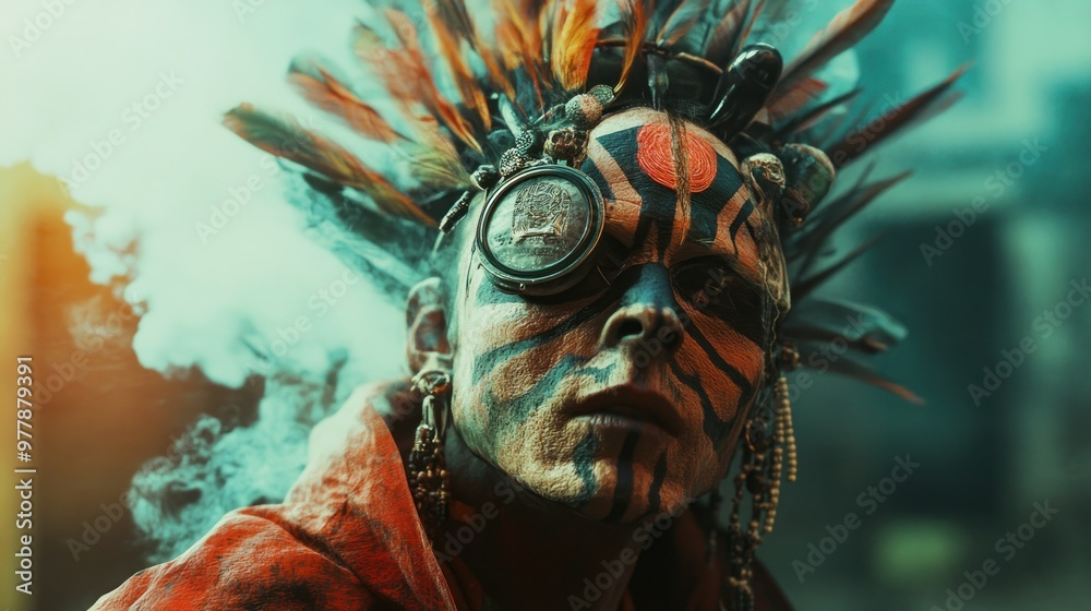 A Man With Face Paint, Feathers, and an Eye Patch A Man With Face Paint, Feathers, and an Eye Patch