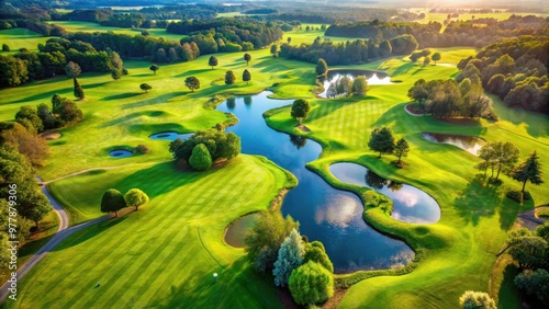 Wallpaper Mural Aerial view of a picturesque golf course with lush fairways, greens, bunkers, and water hazard, surrounded by trees Torontodigital.ca