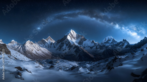 A jagged snow-covered mountain range under a clear starry night sky with the Milky Way arching overhead. photo