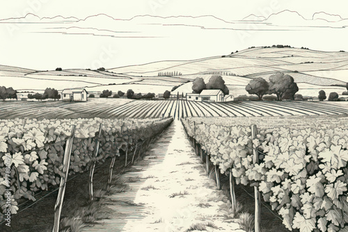 Serene vineyard landscape illustration