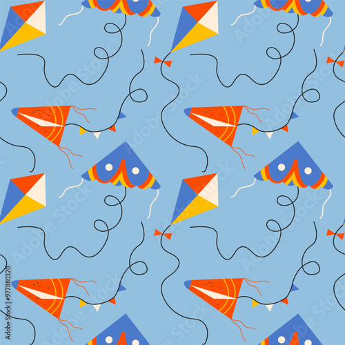 Vector seamless pattern with kites in the sky. Repeating background with symbol of freedom, long-winged bird toys. Design element for textile, wrapping, print, paper, card, flyer, template
